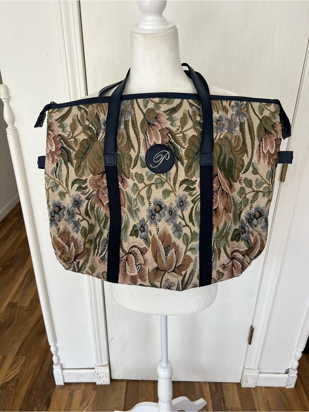 Floral Tapestry Large Bag with Navy Trim
